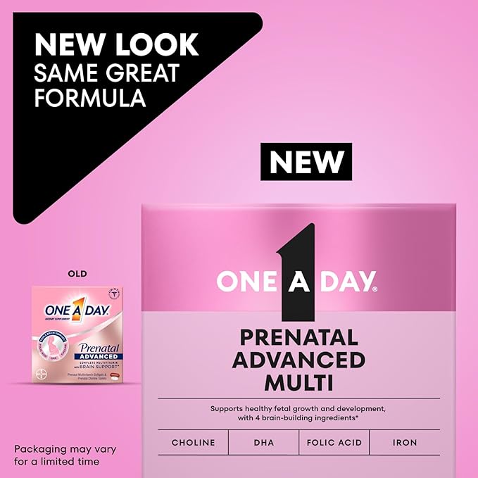 One A Day Womens Prenatal Advanced Complete Multivitamin with Brain Support* with Choline, Folic Acid, Omega-3 DHA & Iron for Pre, During and Post Pregnancy, 30+30 Count (60 Total Set)