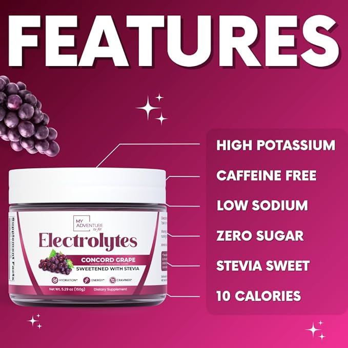 Zero Sugar - Concord Grape Electrolytes Powder - Very Refreshing Hydration - Caffeine Free Energy with All Natural Ingredients - Vegan, Keto & Paleo - Sugar Free Electrolytes Drink Mix - 30 Servings