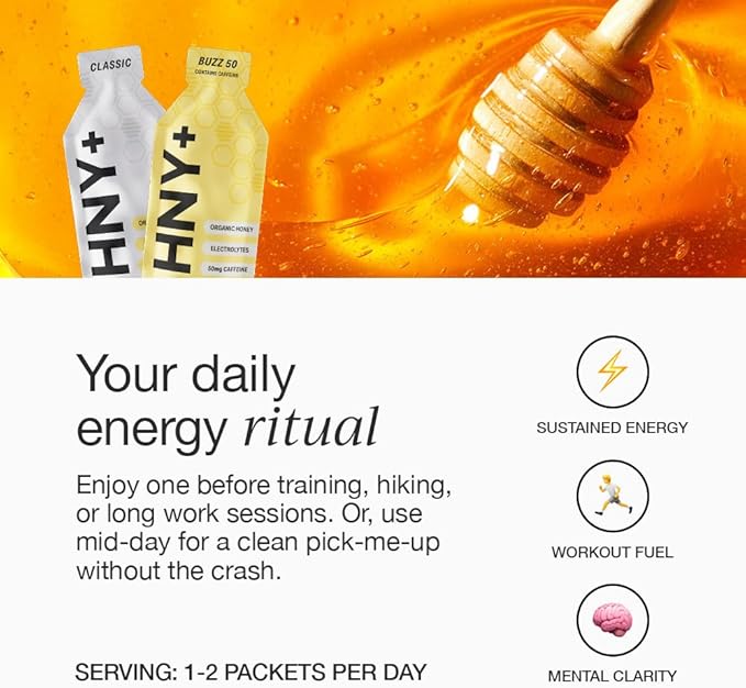 HNY+ Organic Honey Energy Gel with Electrolytes, Magnesium, Sea Salt & Potassium, Gluten Free & Vegan, Workout Gels, for Gym, Running, Cycling & Hiking, Sports Nutrition, Caffeine Free, 12 Pack