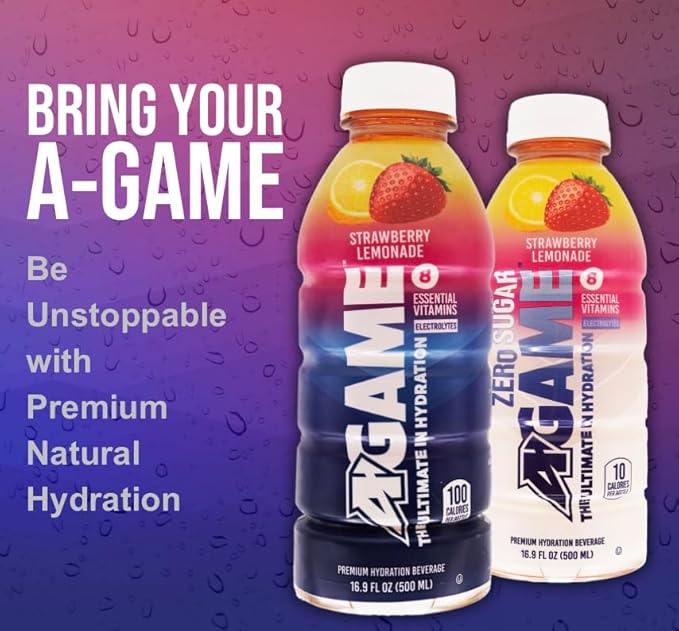 A-GAME Sports Drink, Strawberry Lemonade, The Ultimate Hydration Sports Beverage for Athletes, 8 Essential Vitamins including B, C, & E plus Natural Sea Salt Electrolytes, All Natural Flavors & Sweeteners, Gluten Free, 16.9 Fl Oz (Pack of 12)