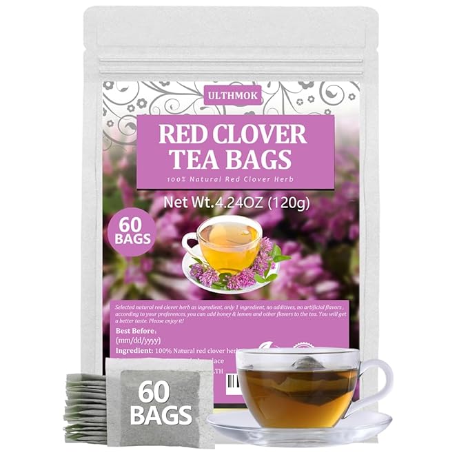 60 Premium Red Clover Tea Bags, Made with 100% Natural Red Clover Flowers & Herb, Rich in Antioxidants & Supports Wellness, No Additives & Caffeine Free.
