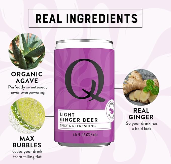 Q LIGHT GINGER BEER with Real Ginger & Organic Agave - Ideal for Cocktails & Mocktails - Made with Real Ingredients, Perfectly Carbonated, & Less Sweet - 40 Calories per Can - 7.5 Fl oz (Pack of 24)