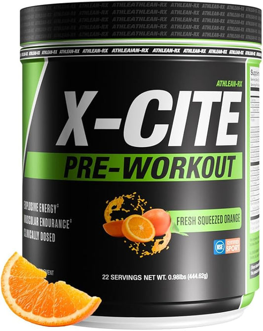 X-CITE Pre-Workout by ATHLEAN-X - Enhanced Formula with Beta-Alanine, Creatine & Caffeine for Energy, Endurance, Focus & Muscle Pump, NSF Certified for Sports (22 Servings, Fresh Squeezed Orange)