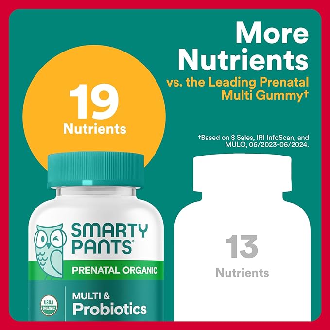 SmartyPants Organic Prenatal Vitamins for Women, Multivitamin Gummies: Probiotics, Biotin, Methylfolate, Omega 3 (ALA), Vitamin D3, C, Vitamin B12, B6, A, K2 & Zinc, Choline, 120 Count (30 Day Supply)