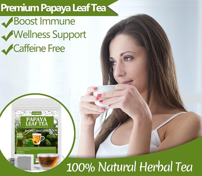 100 Premium Papaya Leaf Tea Bags, Made with 100% Natural Papaya Leaves, Free Wellness Tea, No Additives & Caffeine Free.