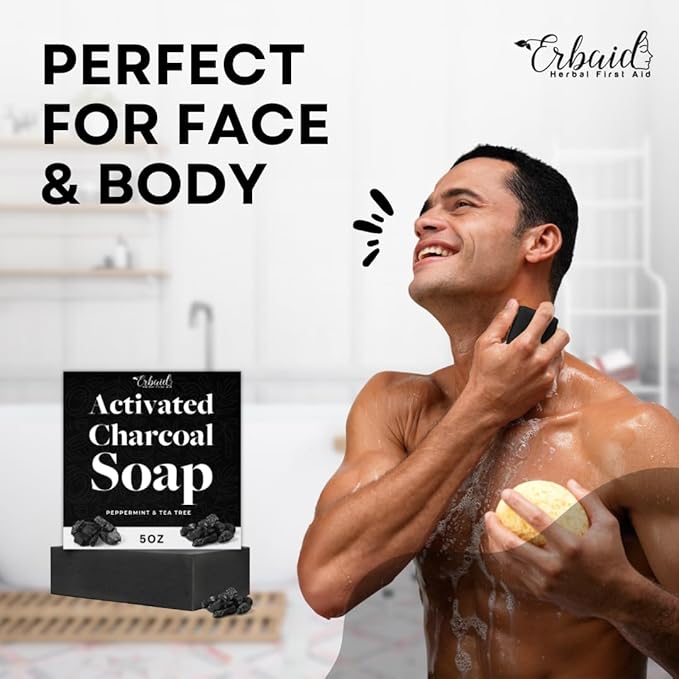 Charcoal Soap – Natural Activated Charcoal Black Soap Bar – Exfoliating Face & Body Wash for Dry, Sensitive, Oily Skin – Facial Cleanser with Bentonite Clay for Acne, Blackheads, & Scars, Made in USA