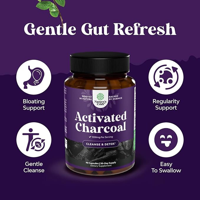 Activated Charcoal Pills Detox & Cleanse - Purifying Coconut Capsules with 1200 mg Per Serving for Bloating Relief - Active Detox Supplement for Body & Gut Health - 90 Count