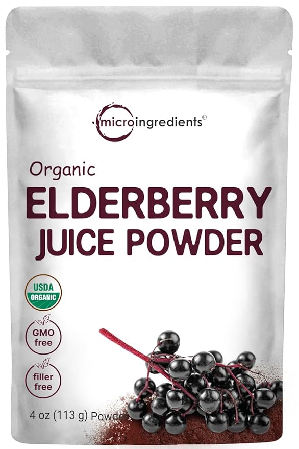 Organic Elderberry Juice Powder, 4oz | 100% Natural Fruit Powder | Cold Pressed European Elderberries | No Sugar & Additives | Great Flavor for Drinks, Smoothie, & Beverages | Non-GMO & Vegan