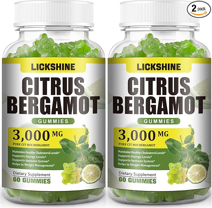 2 Pack 3000MG Citrus Bergamot Gummies - Citrus Bergamot Extract Cholesterol Lowering Supplement for Immune Support Anti-Aging, Hight Cholesterol Sugar-Free Vegan Lime Flavor 120 Cts