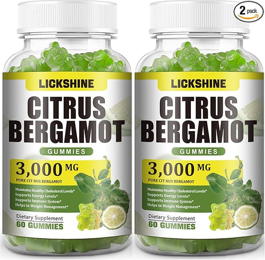 2 Pack 3000MG Citrus Bergamot Gummies - Citrus Bergamot Extract Cholesterol Lowering Supplement for Immune Support Anti-Aging, Hight Cholesterol Sugar-Free Vegan Lime Flavor 120 Cts