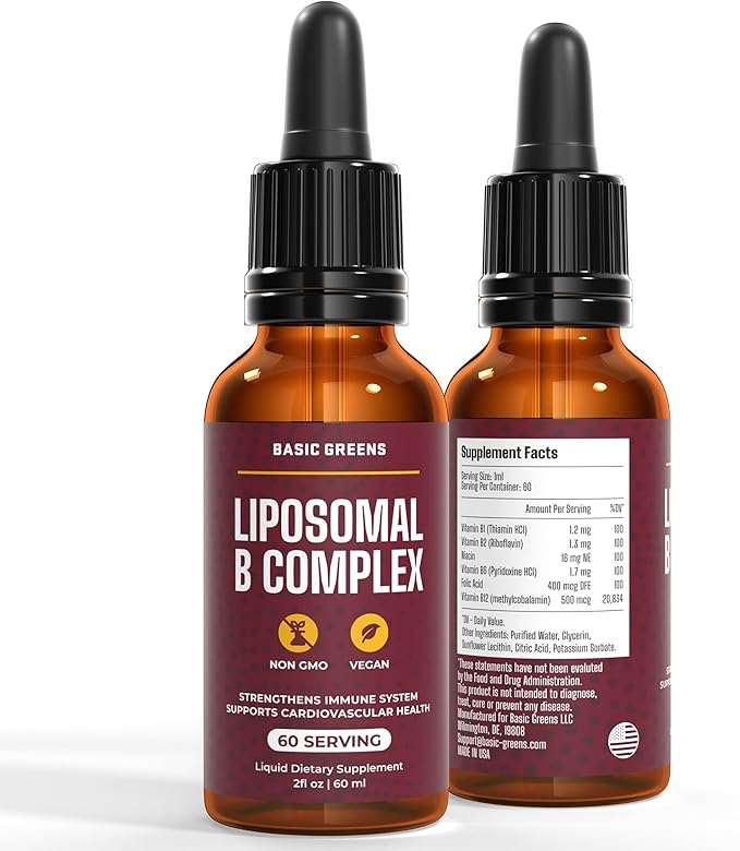 Liposomal B Vitamins Complex Liquid – High Absorption for Energy, Brain & Skin Health, Hair & Nails, Advanced Liposomal Delivery, Vegan, Non-GMO, 2 Fl Oz