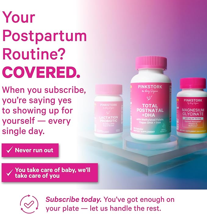 Pink Stork Total Postnatal Vitamins for Women | Vegan DHA, Iron, Folate, B12 | Postpartum Recovery Essentials | Lactation Support for Breastfeeding Moms | Third-Party Tested - 60 Capsules, Mint