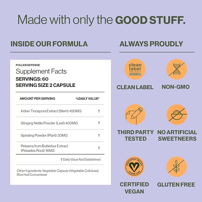 Hilma Natural Sinus Support, All Day Allergy and Sinus Relief from Pollen and Dust w/Butterbur, Stinging Nettles and Spirulina, Non-Drowsy, Organic, Clinically Proven Ingredients, 120 Vegan Capsules