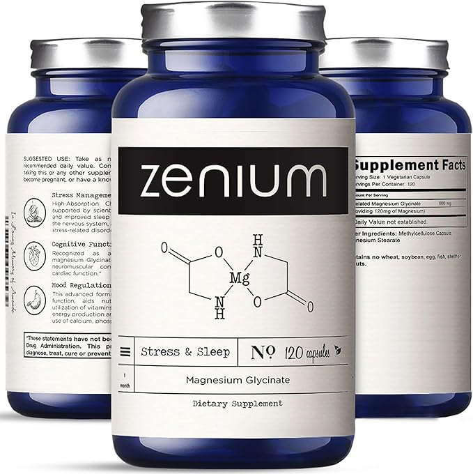 Zenium - Magnesium Glycinate for Sleep, 120 Capsules, 400mg per Serving | Chelated & High Absorption | Relieve Stress, Tension, Worry & Irritability | Calm Mind & Body | Ayurvedic | Natural Supplement
