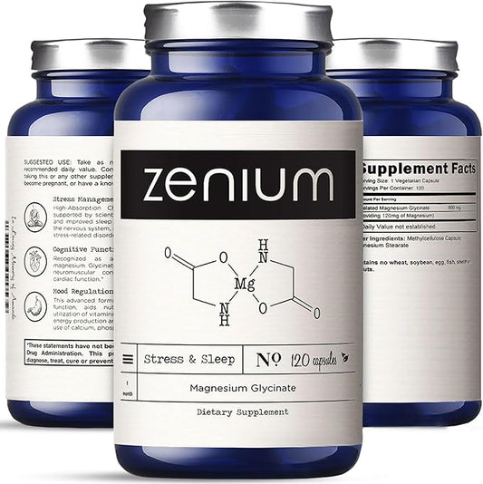 Zenium - Magnesium Glycinate for Sleep, 120 Capsules, 400mg per Serving | Chelated & High Absorption | Relieve Stress, Tension, Worry & Irritability | Calm Mind & Body | Ayurvedic | Natural Supplement