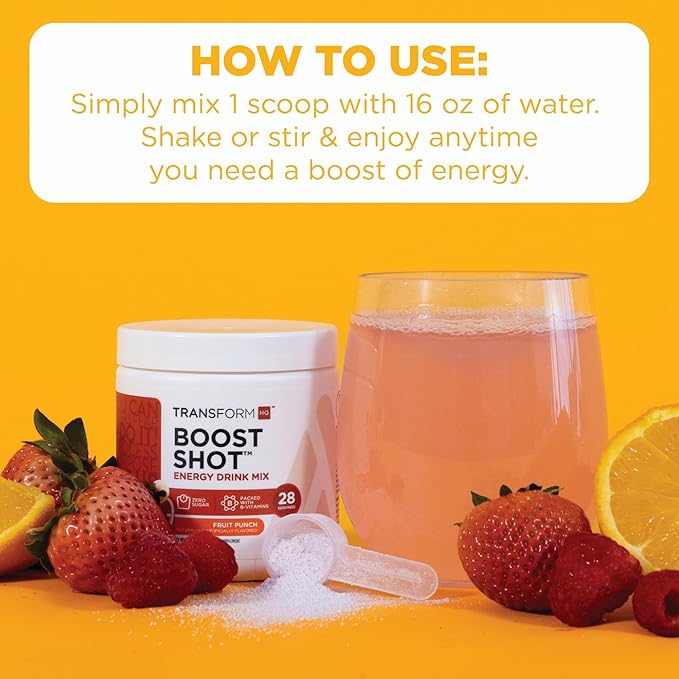 TransformHQ Energy & Focus Powder (Blue Raspberry) - Boost Shot Clean Energy Drink Mix - Sugar Free - Non-GMO, Gluten-Free - 28 Servings