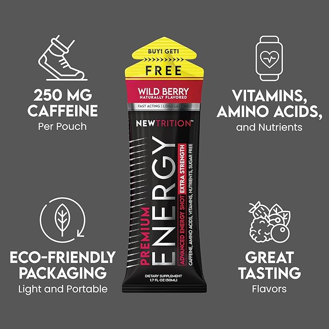 NewTrition® Extra Strength Energy Shots 1.7 fl oz - 250mg Caffeine with B Vitamins & Amino Acids, Sugar-Free Zero Calorie Vitamin Energy Drink for Focus & Endurance (Pack of 24, 4 Flavors - Mixed 1)