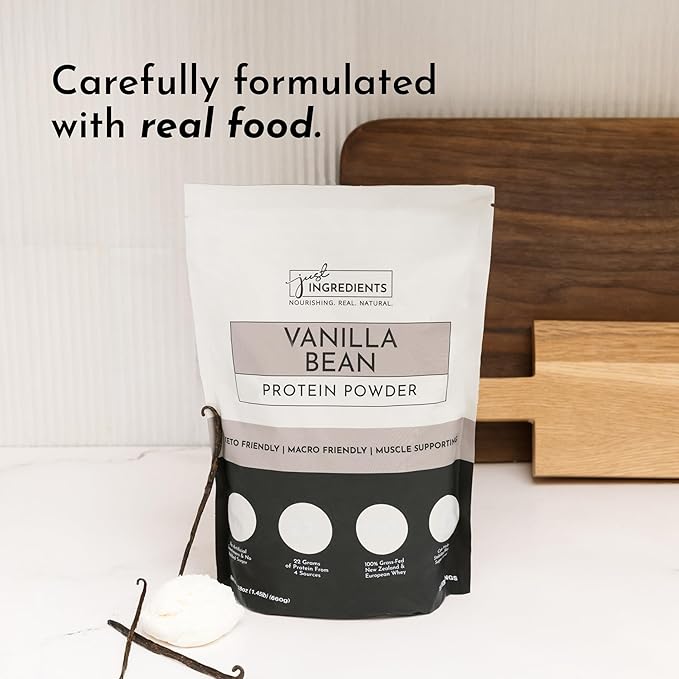 JUST INGREDIENTS Vanilla Bean Protein Powder – 20-Serving Blend with 100% Grass-Fed Whey & Organic Plant Proteins – Real Vanilla Bean & Cinnamon – Supports Muscle Recovery, Energy*