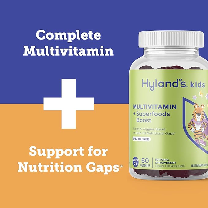 Hyland's Kids Multivitamin + Superfoods Boost, Sugar Free Natural Strawberry Flavored Gummies with Fruits & Veggies Blend, 60ct Bottle