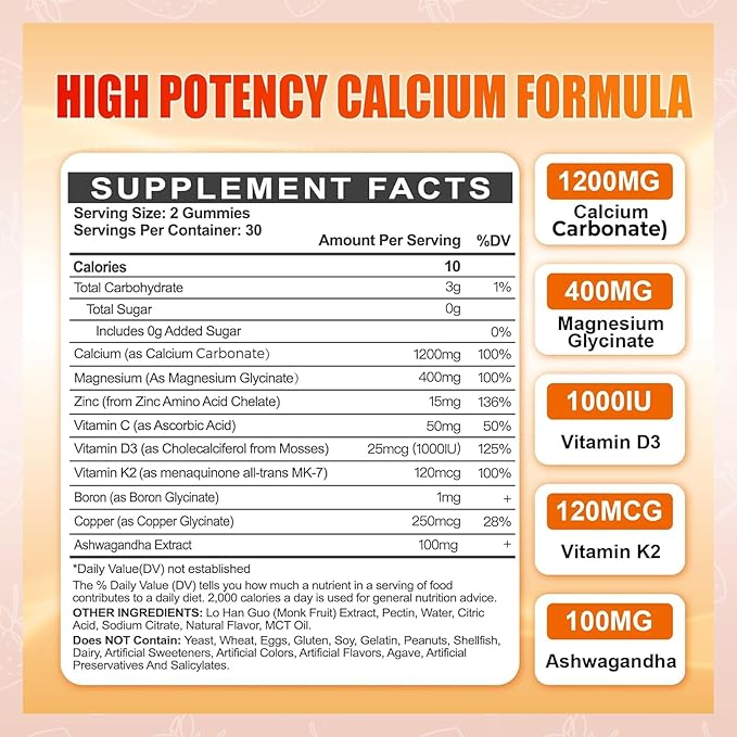 1200mg Calcium Gummies w/Vitamin D3 for Adults - High Absorption Calcium Supplement with Magnesium, K2, Copper, Boron, Zinc and Ashwagandha, Support Bone & Muscle, Sugar-Free for Women Men, 60 Count