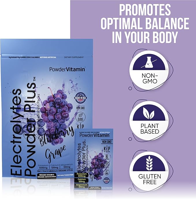 PowderVitamin Electrolytes Powder Plus, Keto, Blueberry Grape, Zero Sugar, 1000mg Potassium, 120mg Calcium, 120mg Magnesium, Non-GMO, Zero Calories, 30 Hydration Packets
