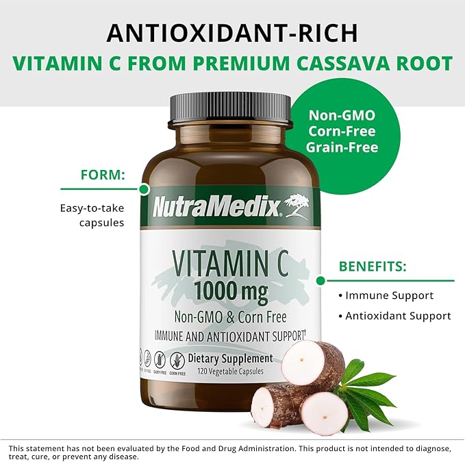 NutraMedix Corn-Free Vitamin C Capsules - Antioxidant & Seasonal Immune Support - Vitamin C Supplement with Ascorbic Acid Sourced from Tapioca - 1000 mg (120 Vegetable Capsules)