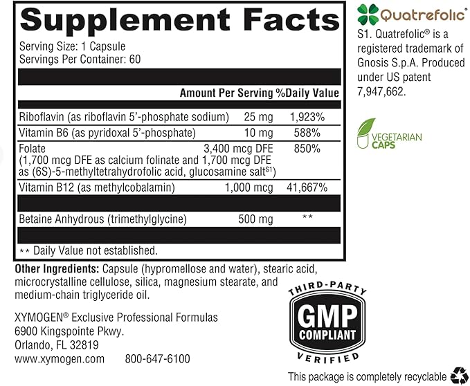 XYMOGEN Methyl Protect - Optimal Methylation Formula with Methyl Folate, Vitamin B12 (Methylcobalamin b12), Riboflavin + B6 Vitamins - Cognitive, Homocysteine + Heart Health Supplements (60 Capsules)