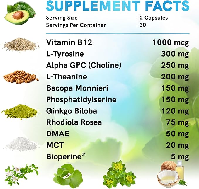 12-in-1 Nootropic Brain Supplement Anhydrous: Ginkgo Biloba for Brain Support, Memory and Focus - B12, Alpha GPC, L Theanine and Choline Supplements with Bioperine non Caffeinated 1321mg (180ct)