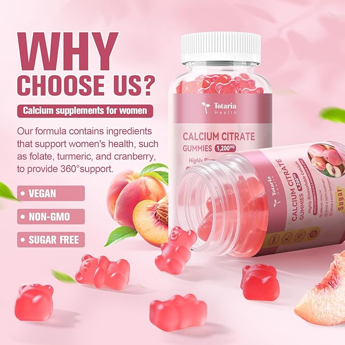 2 Pack Calcium Citrate Gummies 1200 mg - Calcium Supplements for Women with Vitamin D3 & K2,Magnesium,Zinc - Sugar Free Calcium Gummies for Bone & Teeth & Immune Support- Peach Flavor