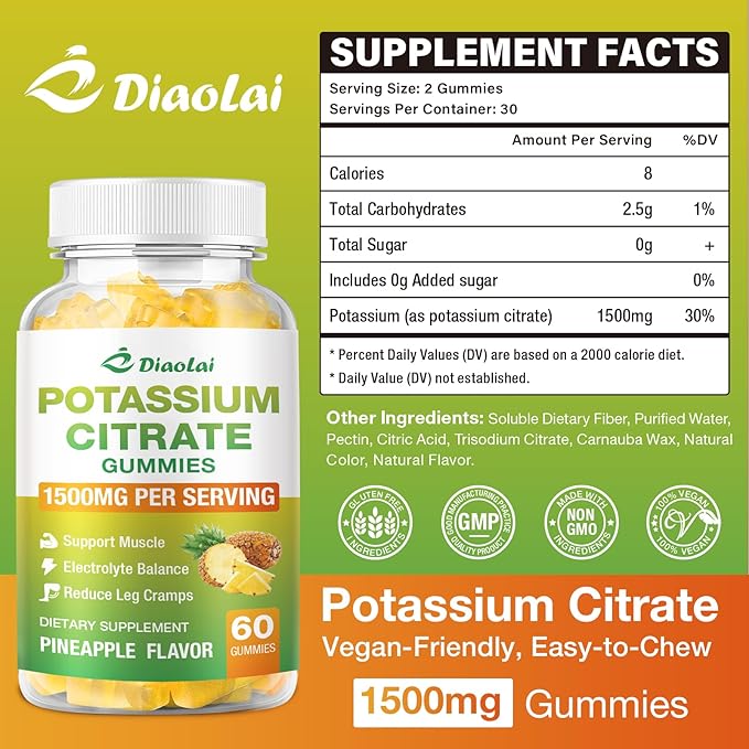 Potassium Citrate 1500mg Gummies - Potassium Supplement for Women & Men, Supports Leg Cramp Relief & Muscle Health, Vegan, Pineapple Flavor (120 Count)