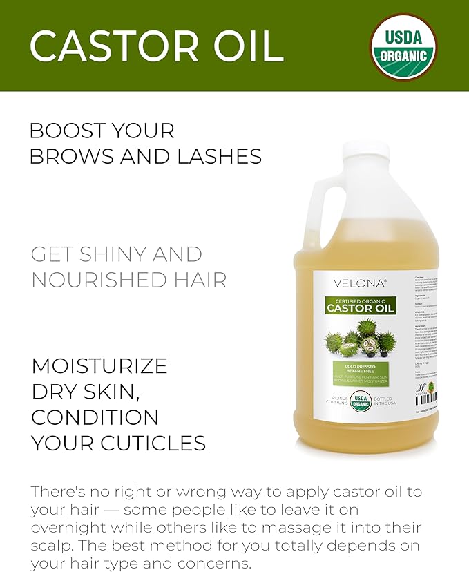 velona USDA Certified Organic Castor Oil - 64 fl oz | For Hair, Boost Eyelashes, Eyebrows | Cold pressed, Natural Oil, USP Grade | Hexane Free