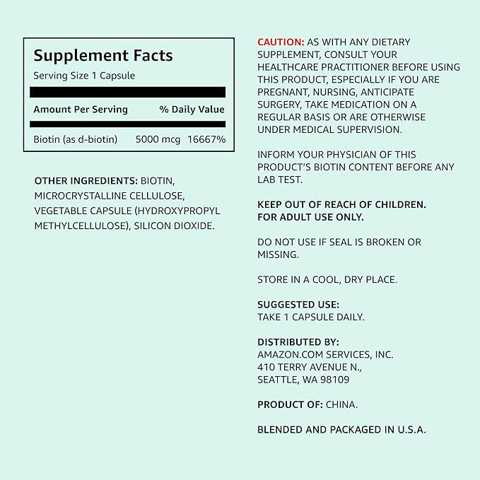 Amazon Elements Vegan Biotin 5000 mcg - Hair, Skin, Nails, 130 Capsules (4 month supply) (Packaging may vary)