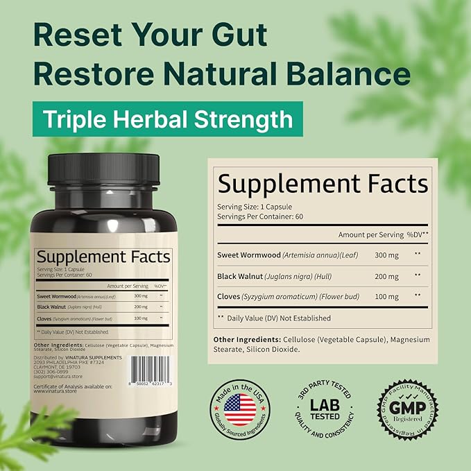 VINATURA Wormwood Black Walnut Clove Capsules - Cleanse, Detox, Intestinal Guard Formula Supplement for Humans, with Wormwood herb, Black Walnut Extract Combination, 60 Capsules