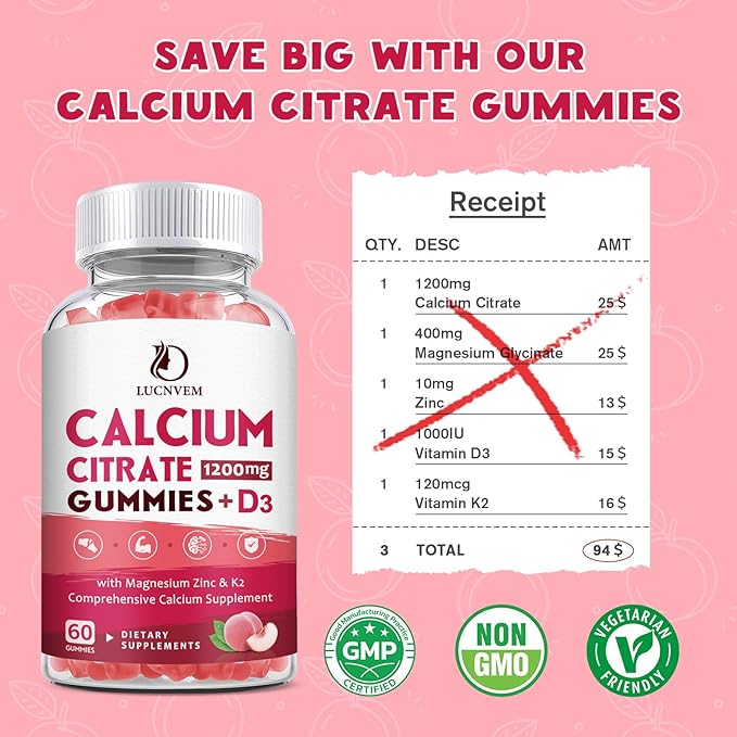 (2 Pack) Calcium Citrate 1200mg with Vitamin D3 Supplements Gummies for Women & Men, Calcium Gummies with Vitamin D3 K2, High Absorption for Bone Muscle Healthy- Peach Flavor- 60 Day Supply
