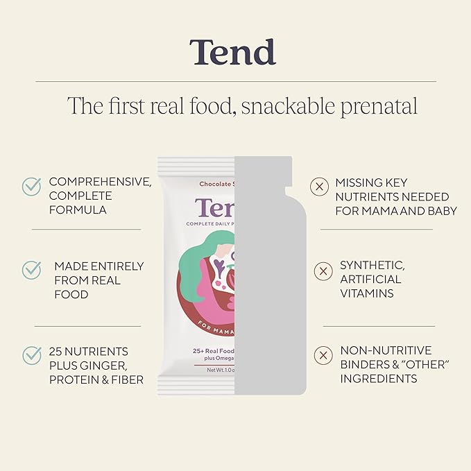 Tend Daily Best Prenatal Vitamin Bar, Made with Organic Ingredients for Pregnant & Postpartum Mothers, Includes DHA, Vitamin D, B, Choline, Folate - Chocolate Sea Salt (4ct)