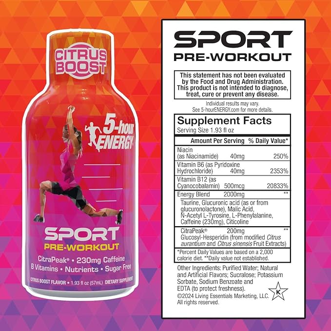 5-Hour Energy Extra Strength Sport Shots with Citrapeak, Citrus Boost Flavor, Pre-Workout 24 Count (1.93 fl oz)