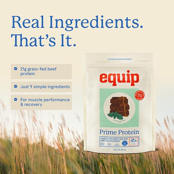 Equip Foods Prime Protein Powder | Clean, Grass Fed Beef Protein Powder for Women & Men | Carnivore Protein Isolate | Paleo, Keto Friendly | Gluten & Dairy Free | 30 Servings, Chocolate Mint