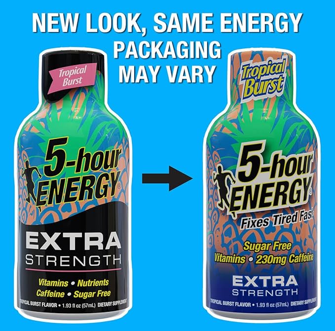5-hour ENERGY Shots Extra Strength, Tropical Burst Flavor, 30 Count, 1.93 Fl Oz, Sugar Free, Zero Calories, Amino Acids and Essential B Vitamins, Dietary Supplement, Feel Alert and Energized, 230 mg Caffeine