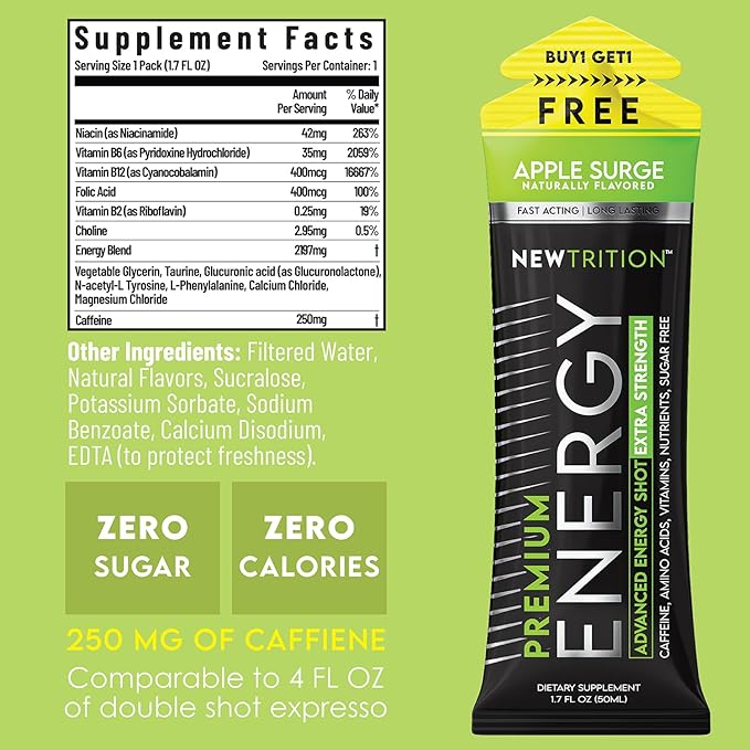 NewTrition® Extra Strength Energy Shots 1.7 fl oz - 250mg Caffeine with B Vitamins & Amino Acids, Sugar-Free Zero Calorie Vitamin Energy Drink for Focus & Endurance (Pack of 24, 4 Flavors - Mixed 2)