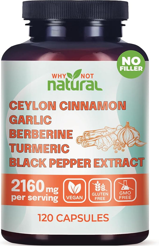 5-in-1 Organic Ceylon Cinnamon Capsules with Berberine, Garlic, Turmeric, Black Pepper Extract Pills