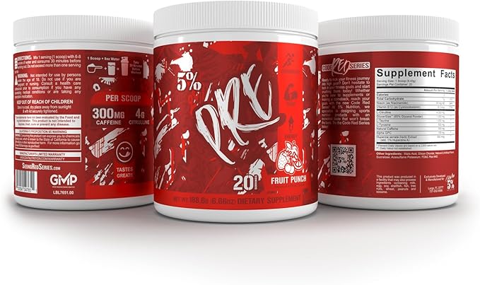 5% Nutrition Code Red Series Pre Workout Powder for Men & Women | Energy, Pump, Power, Protein Synthesis & Focus | 300mg Caffeine, L-Citrulline, Glycerol, Taurine, Alpha GPC, Huperzine (Fruit Punch)