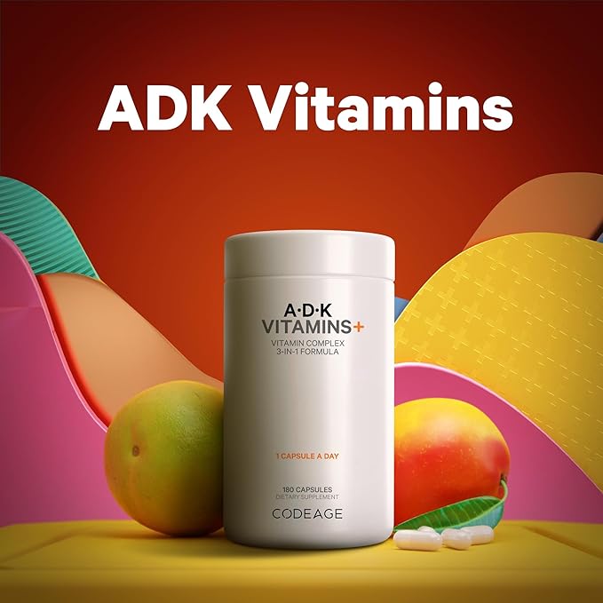 Codeage ADK Vitamins Supplement - Essential Vitamin A, D3 5000 IU, K1 & K2 (MK4 & MK7) - 6-Month Supply - 1 Capsule per Serving, Non-GMO, Gluten-Free - 2-Pack