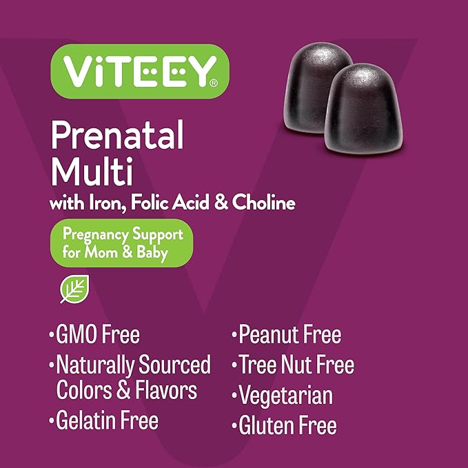 Viteey Prenatal Gummies for Women - Prenatal with Iron for Pregnancy with Choline & Folic Acid Gummies - Vegetarian, Gluten Free - 60 Count