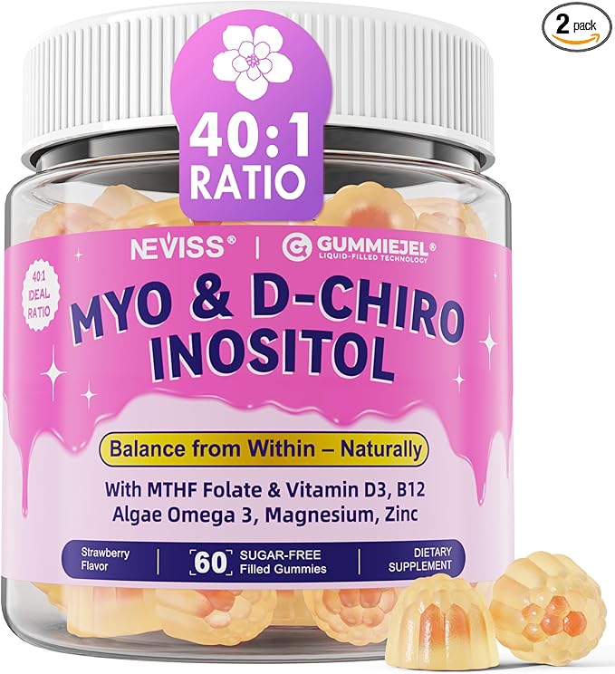2 Pack Myo-Inositol & D-Chiro Inositol, Hormone Balance for Women | Sugar Free Inositol Gummies w/Omega 3, MTHF Folate, Vitamin D3, B12, Magnesium & Zinc for Ovarian Health, Ideal 40:1 Ratio, Vegan