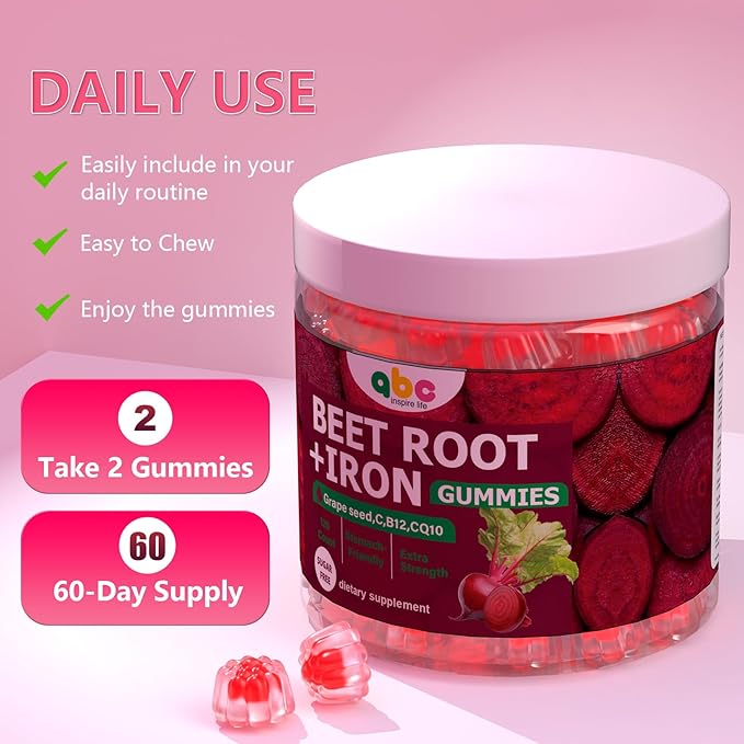 Beet Root Gummies 100mg – Red Beet Chewables with Grape Seed, CoQ10, Vitamin C, Iron & B12 – Supports Energy Metabolism & Healthy Circulation – Sugar Free Supplement for Women & Men, 120 Count