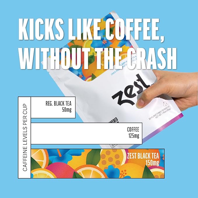 Zest Energy Tea - Blue Lady - High Caffeine Passion Fruit Black Tea Bags - Caffeinated Coffee Altnernative/Substitute - Natural, Non-GMO & Keto Friendly - Hot or Iced - 20Ct Pack - 150mg Caf