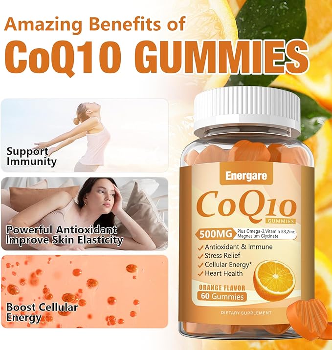 2 Packs CoQ10 500MG Gummies - 3X Better Absorption Coenzyme Q10 Supplements - Plus Omega-3, Magnesium, Vitamin B3 & Zinc for Heart Health, Cellular Energy & Antioxidant, 120 Cts