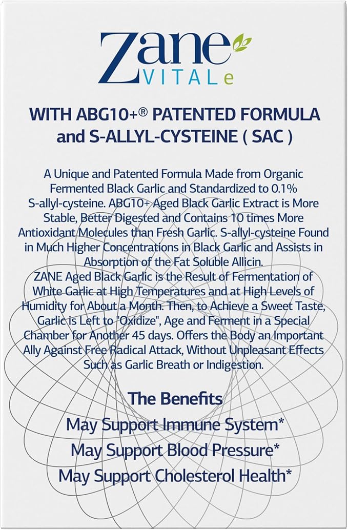 Zane - Aged Black Garlic Capsules - Immune System, Blood Pressure and Cholesterol Health Support - Less Odor - More Effective Than Allicin - 60 Capsules Non-GMO, Gluten - Lactose – Paraben Free.