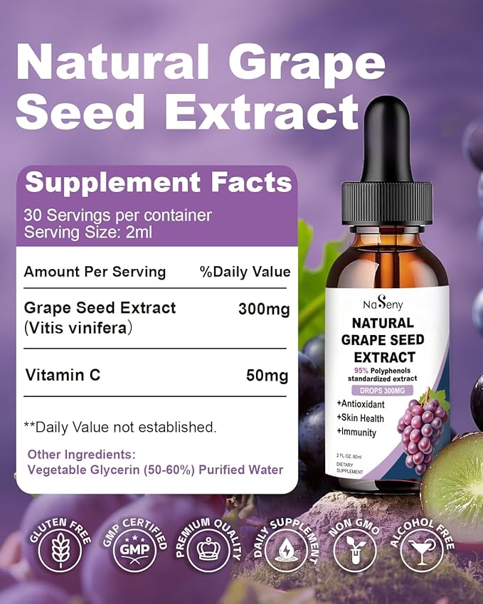 Grape Seed Extract Liquid Drops Standardized to 95% Polyphenols-300 mg Grape Seed Maximum Strength Standardized Tincture, High Absorption Liquid Vitis Vinifera Extract Drops -Non-GMO (2 Bottles)