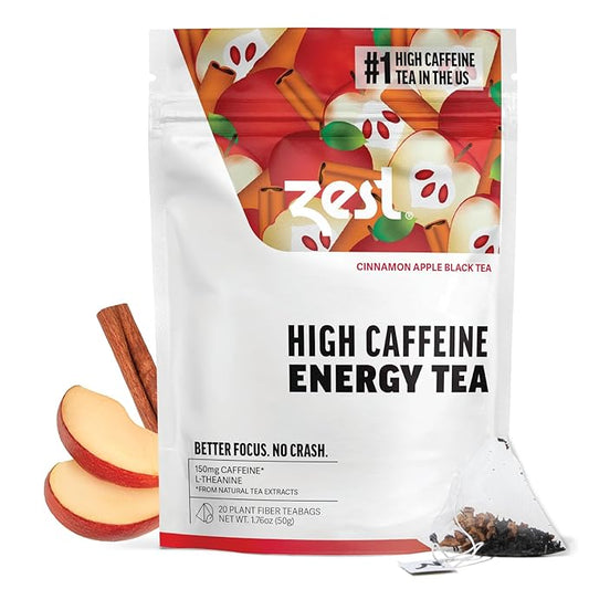 Zest Energy Tea - Cinnamon Apple Spice High Caffeine Black Tea Bags - Caffeinated Coffee Altnernative/Substitute - Natural, Non-GMO & Keto Friendly - Hot or Iced - 20Ct Pack - 150mg Caf